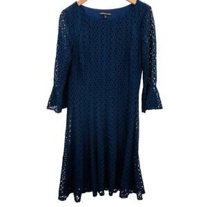 Chris Mclaughlin Womens Lace Overlay Dress Dark Blue 3/4 Bell Sleeve Size 16